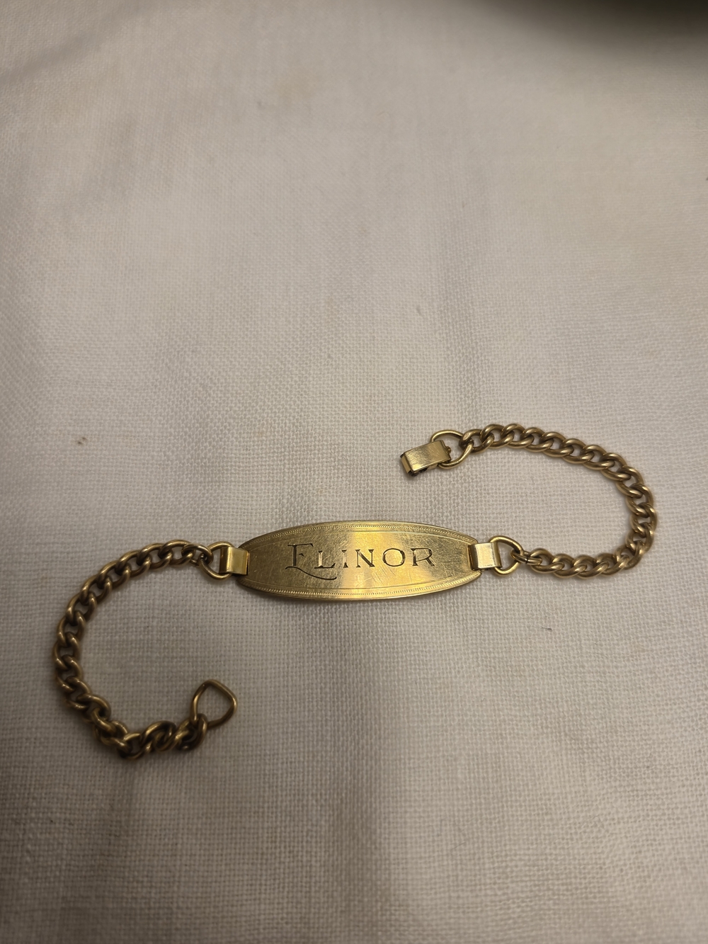 Vintage R.F. Simmons Co. Gold ID Chain Bracelet Engraved Elinor Only The Best